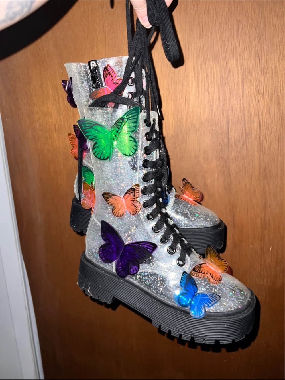 Club exx clear glittery butterfly platform boots 7W